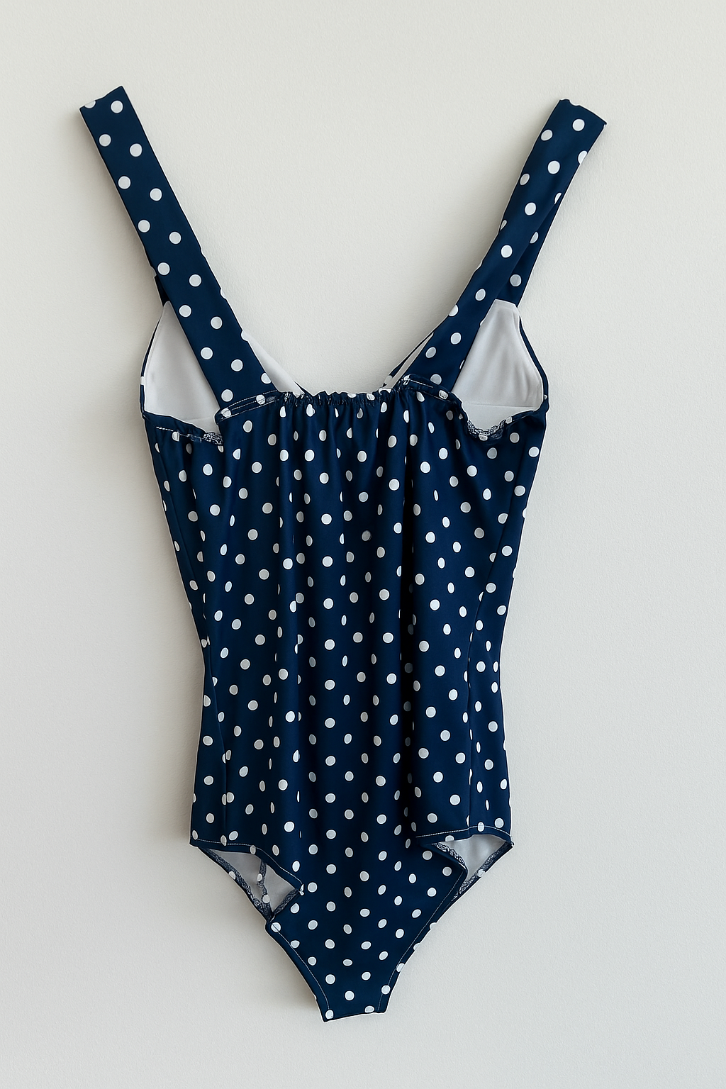 Body de mujer de tirantes, escote V, cazuelas y detalle en pecho, de color azul marino con lunares blancos y de tela de lycra elástica