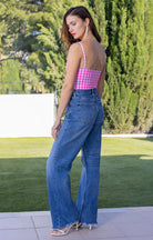 body de mujer tirantes finos cuadros vichy color fucsia y tela de lycra